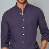 Lněná košile s bandovým límcem námořnická modrá