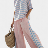 Sada z bambusového lnu Daisy Středomořské v jemně růžové s elegantními modrými pruhy