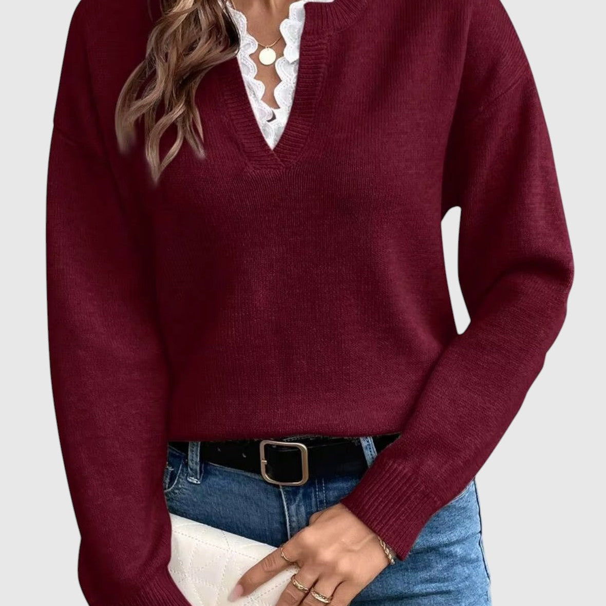 Karolína – Prémiový svetr s krajkou ve výstřihu do V